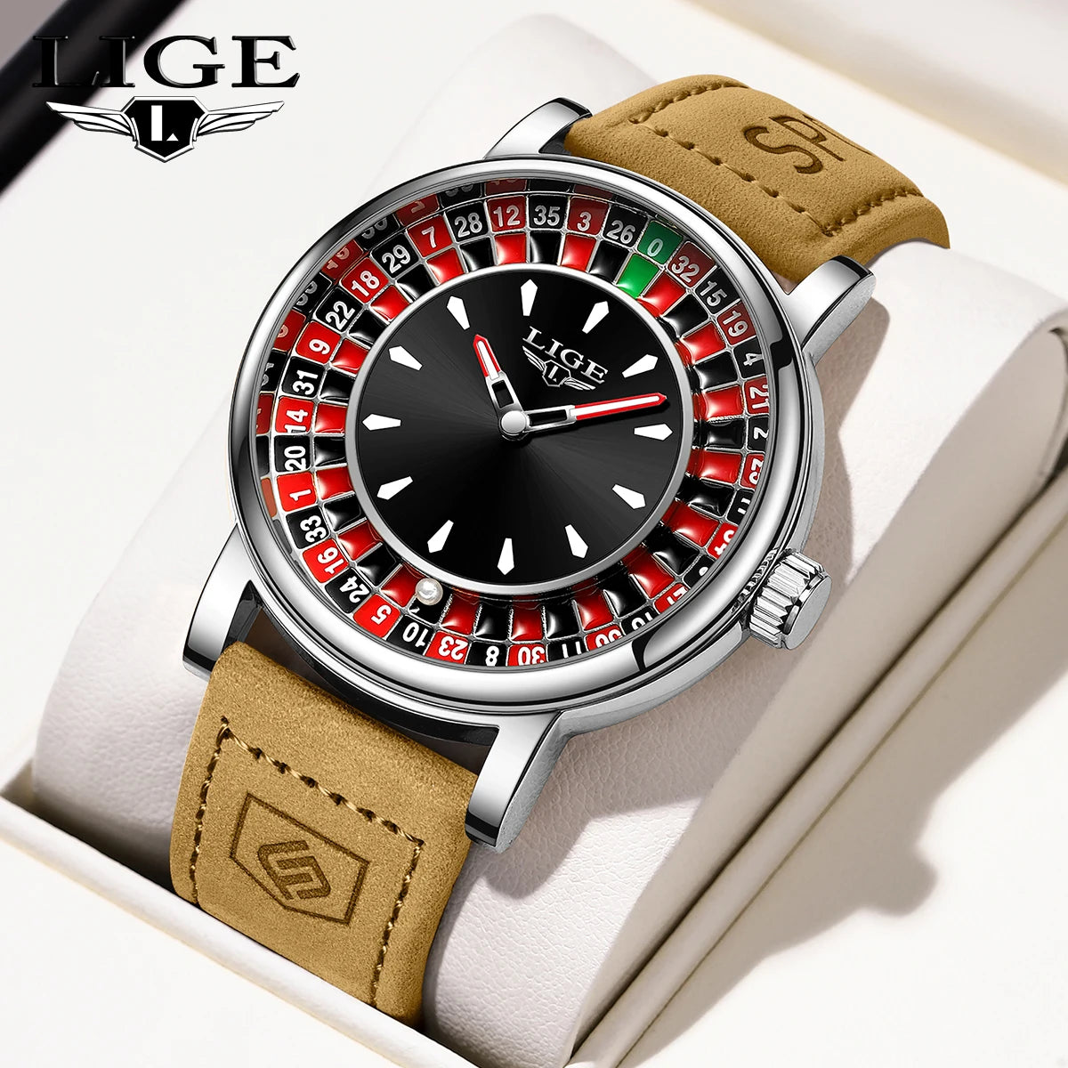 LIGE Quartz Man Watch Fashion Luxury Creative Roulette Game Dial Design Leather Casual Life Waterproof Watches for Men Gifts+Box
