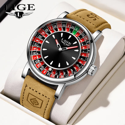 LIGE Quartz Man Watch Fashion Luxury Creative Roulette Game Dial Design Leather Casual Life Waterproof Watches for Men Gifts+Box