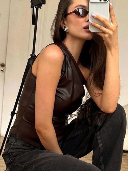 Solid color leather sleeveless irregular single shoulder sloping collar sexy slim zipper T-shirt
