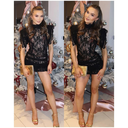 Lace Patchwork Pleated Mini Dress Lady Sexy High Collar Sleeveless Cinched-waist Slim Dresses Women 2026 Evening Party Vestidos