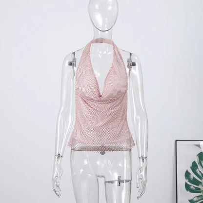 Sexy Diamond Halter Dress Women Shinny Sleeveless Backless V-neck Slim A-line Dresses Female 2026 Spring Summer Party Lady Robes