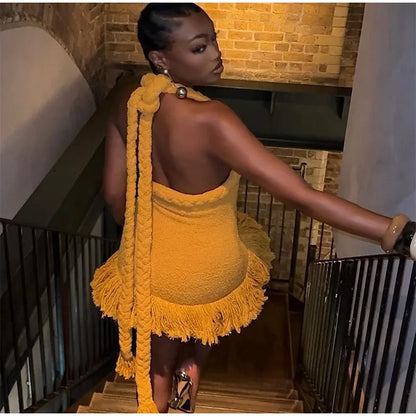 Tassels Hem Twist Strap Knitted Dress Women Sleeveless Backless Slim High Waist Dresses Female Holiday Evening Bodycon Robe
