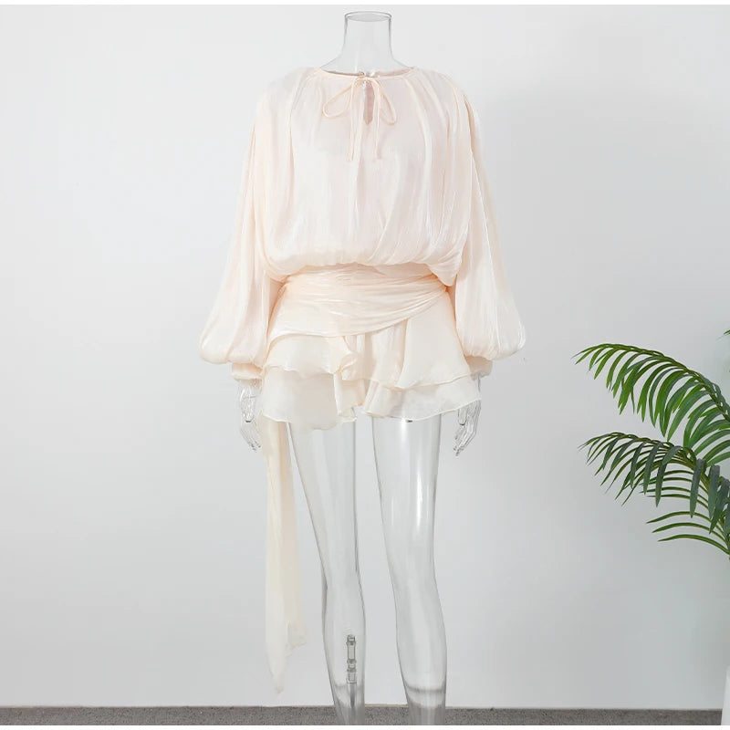 Women Solid O-neck Long Lantern Sleeve Short Dress Fashion Pleated High Waist Lace-up Mini Dresses Summer Vocation Lady Robe