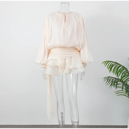 Women Solid O-neck Long Lantern Sleeve Short Dress Fashion Pleated High Waist Lace-up Mini Dresses Summer Vocation Lady Robe
