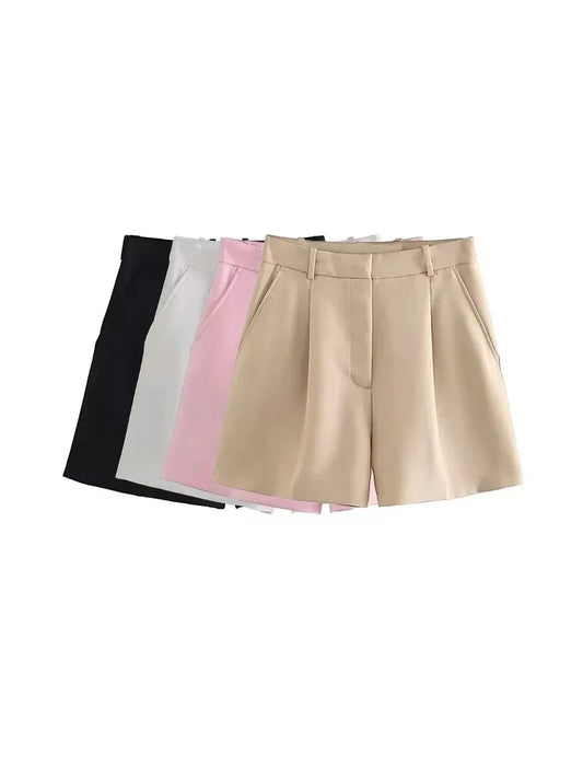 Women Fashion Side Pockets Front Darts Bermuda Shorts Vintage High Waist Zipper Fly Female Short Pants Mujer