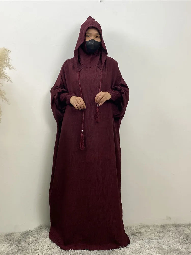 Hot Seller Ramadan Islamic Clothing Wrinkle Polyester Hoodie Abaya Dress With Undercap Muslim Women Abaya Hoodie Causal Dresses