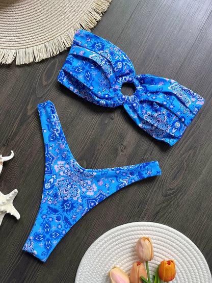 Sexy Colorful Floral Printed Bandeau Bikini Female Swimsuit Women Swimwear Two-pieces Bikini set Bather Bathing Suit Swim Lady