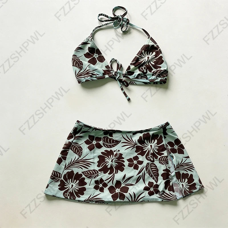 2 Piece Women's Summer Beach Bikini Set Sexy Slim Chic Floral Print Halter Neck Swimsuit Set 2000s Aesthetics Hottie Streetwear