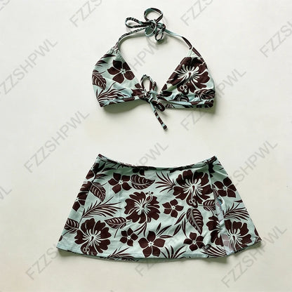 2 Piece Women's Summer Beach Bikini Set Sexy Slim Chic Floral Print Halter Neck Swimsuit Set 2000s Aesthetics Hottie Streetwear