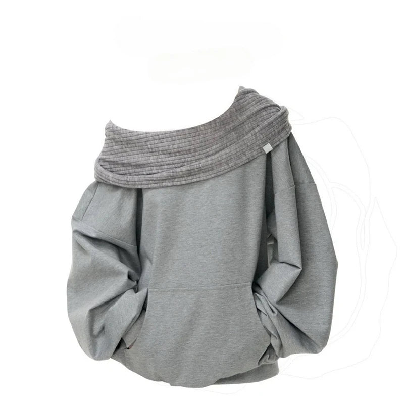 Knit Patchwork Sweatshirt Women Loose Casual Long Sleeve Sporty Top Spring Fall Chic Lazy Off Shoulder Harajuku Y2K Coat