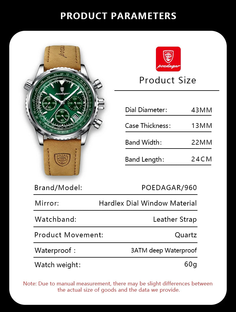 POEDAGAR Business Men Wristwatch Waterproof Luminous Date Chronograph Sport Man Clock Leather Quartz Fashion Men's Watches Reloj