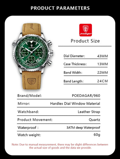 POEDAGAR Business Men Wristwatch Waterproof Luminous Date Chronograph Sport Man Clock Leather Quartz Fashion Men's Watches Reloj
