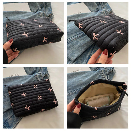 Cute Makeup Bag with Zipper Large Capacity Cosmetic Bag Embroidery Bow Wash Storage Bag