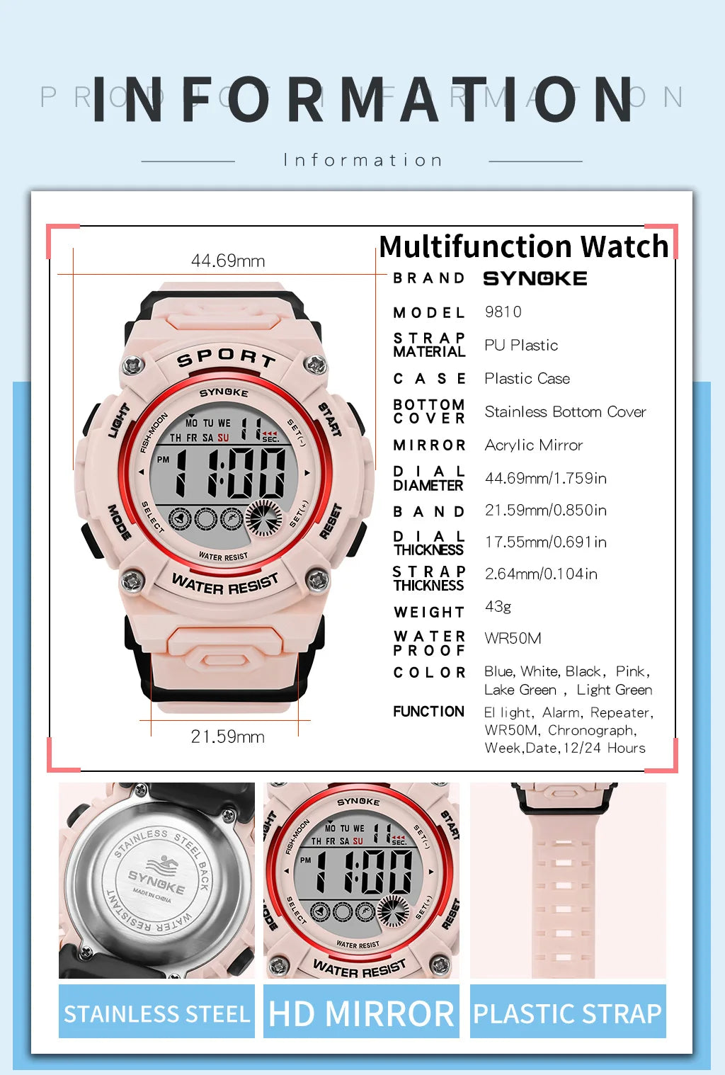 Synoke Shockproof Digital Sport's Watches Fashion PU Strap 50M Waterproof Colorful Light Led Chronograph Women's Wristwatch