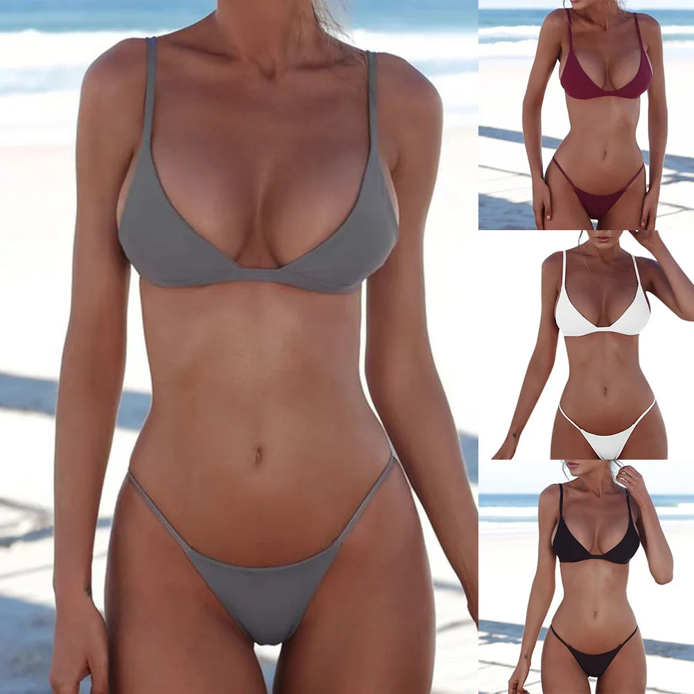Womens Bikini Set Summer Swimsuit New Solid Color Two-piece Swimsuit Suit Fashion Casual Versatile Bikini Beachwear Bathing Suit