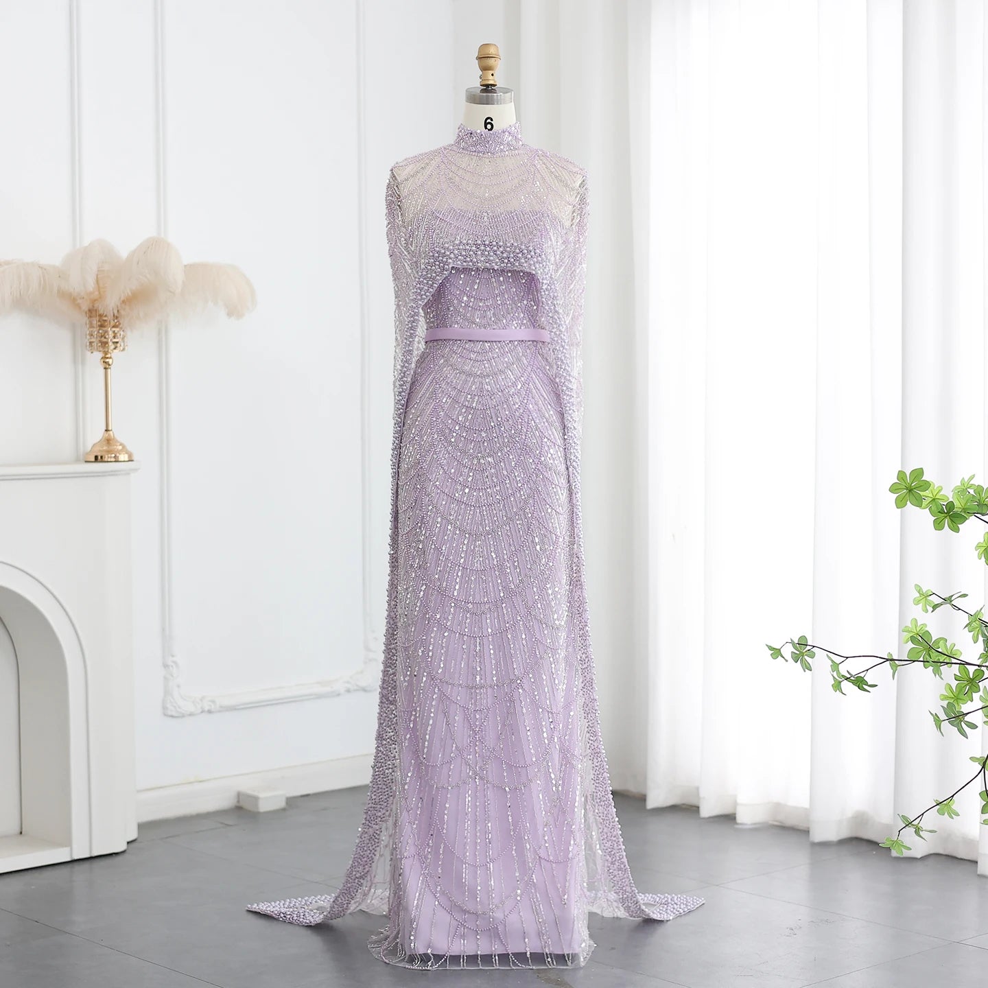 Sharon Said Luxury Pearls Dubai Champagne Evening Dresses with Cape New Arabic Women Mermaid Wedding Party Prom Dress SS369