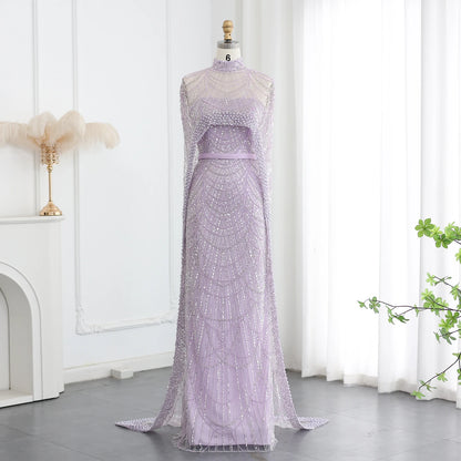 Sharon Said Luxury Pearls Dubai Champagne Evening Dresses with Cape New Arabic Women Mermaid Wedding Party Prom Dress SS369