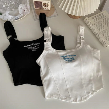 Fashion Embroid Letter Print Crop Tops Women Summer Sexy Streetwear Short Tops Suspenders Sports Tank Top Gym Solid Slim Vest