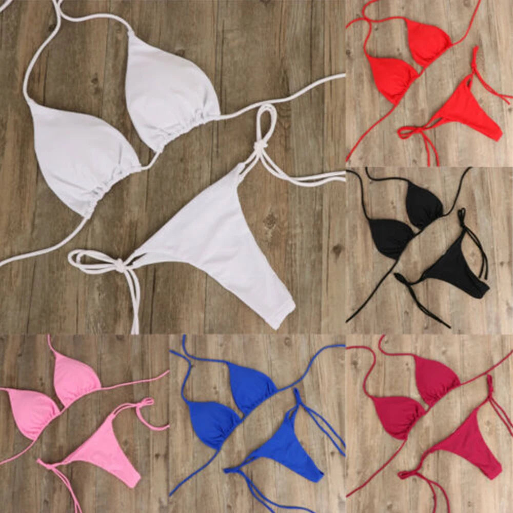 Women Thong Bikini Set Side Tie Sexy Swimsuit Bandage Style Brazilian Split Swimwear Female Bathing Suits 2024