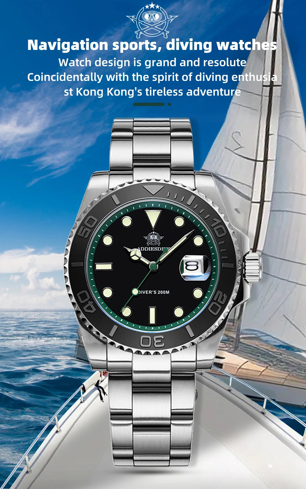 ADDIESDIVE Men's Watch BGW9 Super Luminous 316L Stainless Steel 20Bar Diving Quartz Steel Watches