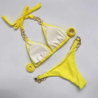 2026 Shiny Rhinestone Diamond Bikini Women Swimsuit Female Swimwear Two Pieces Bikini Set Halter Metal Chains Bathing Suit Swim