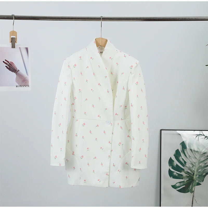 White Waist Cinching Floral Shoulder Pad Blazer Long Sleeve Single Breasted Jacket for Summer 2025 Elagant Female Outwear
