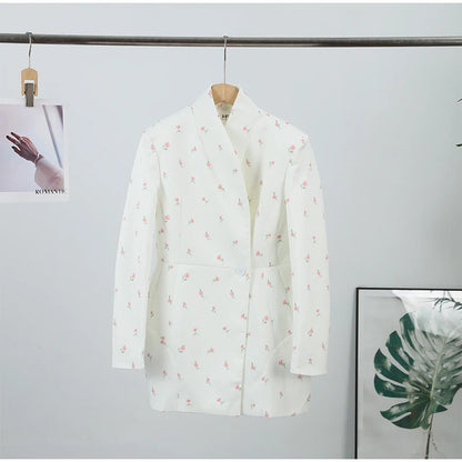 White Waist Cinching Floral Shoulder Pad Blazer Long Sleeve Single Breasted Jacket for Summer 2025 Elagant Female Outwear
