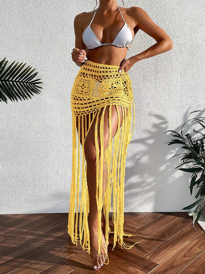 Crochet Tassel Bikini Cover Up Dress Beach Wear Women Tie Up Bather Bathing Suit Tassel Long Skirt Swimsuit Cover Up Beach Dress