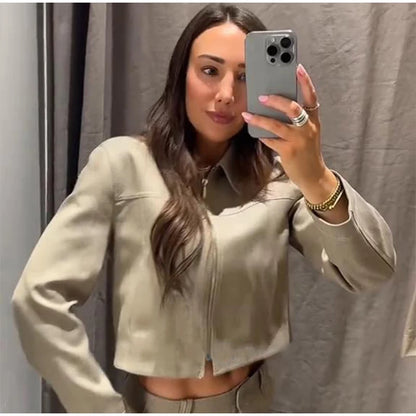 Casual Coats Pants Sets Women'S Turn-down Collar Long Sleeve Zippers Tops High Waist  Trousers 2026 Spring New Lady Chic Suit