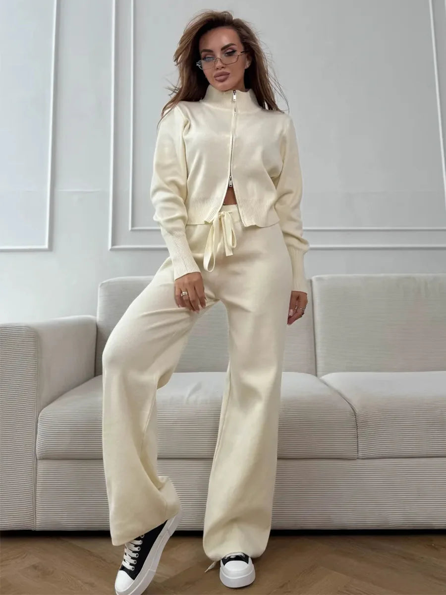 Blubelle Women's New Autumn Winter Zip Up Knit Set Trendy Slim Fit Cardigan Pants Chic Commuting Sweater Outfit
