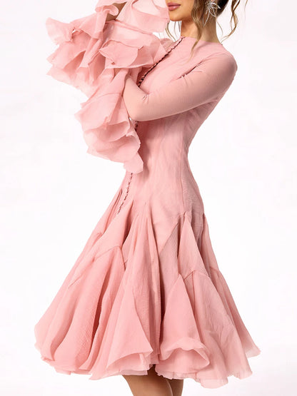 VGH Sweet Ruffles Elegant Knee Length Dresses for Women Round Neck Flare Sleeve High Waist Spliced Button  A Line Dress Female