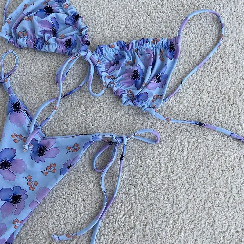 BIQIUYYI Brazilian Sexy Micro Mini Thong Bikini Set Summer Bandage Swimsuit Women Pleated Bathing Suit Beachwear Halter Biqiuni