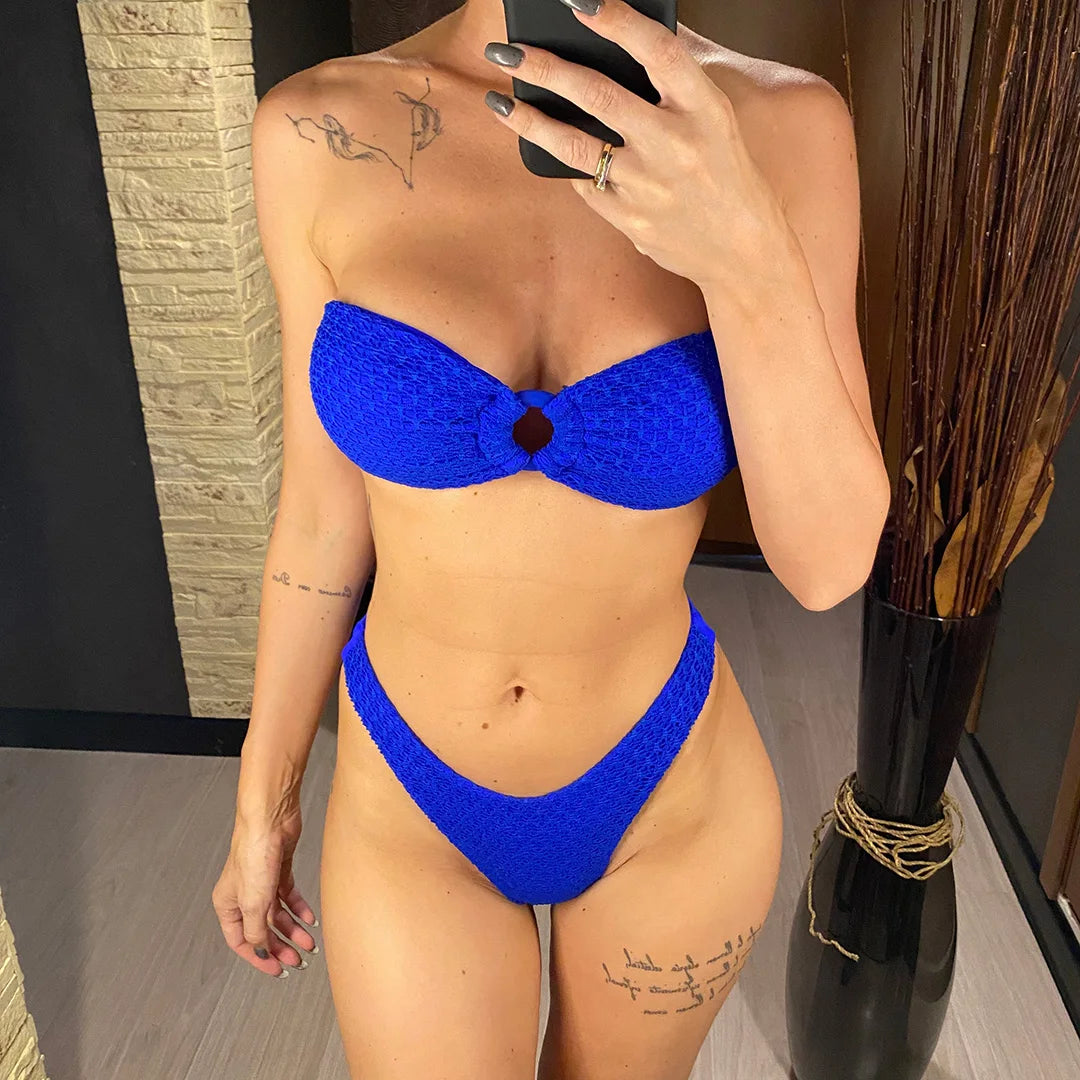 Wrinkled Bandeau High Cut Bikini Women Swimwear Female Swimsuit Two-pieces Bikini set Strapless Bather Bathing Suit Swim V3367