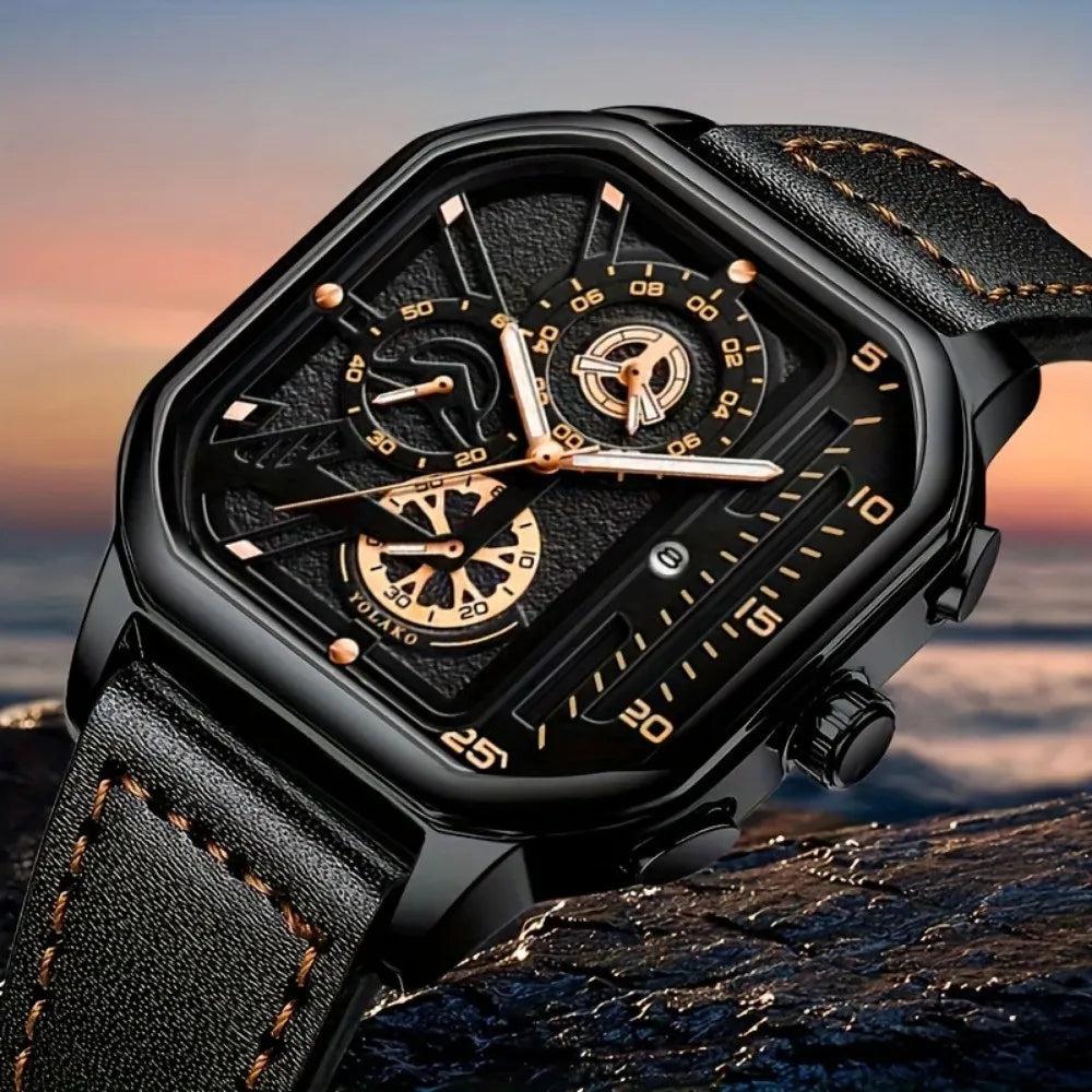 Luxury Big Dial Men Square Watch Casual PU Leather Strap Men Sports Watches