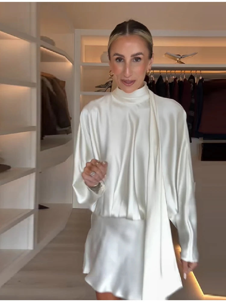 Women's Elegant white Ruched Short Dress Fashion Casual Stand Neck Long Sleeve Mini Dresses 2025 Autumn party Female Clothing