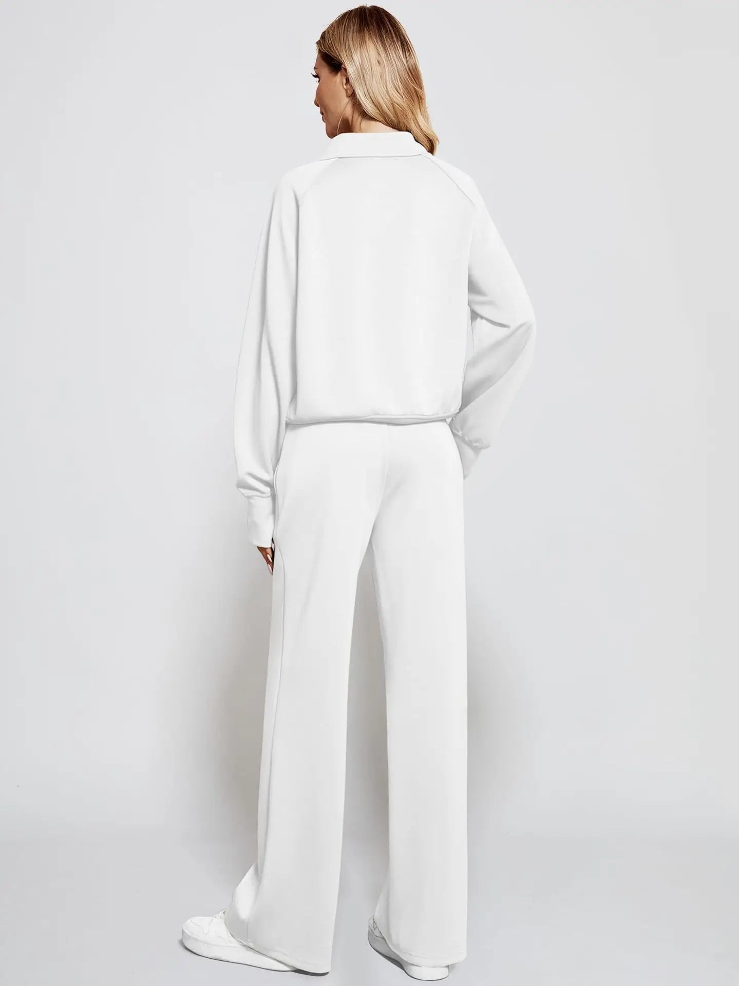 Woman Solid Color Half Zip Long Sleeve Sweatshirt and Wide Leg Pants Set Casual Sporty Two Piece Outfit