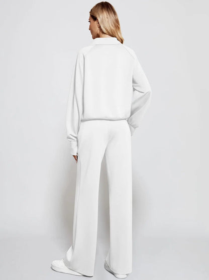Woman Solid Color Half Zip Long Sleeve Sweatshirt and Wide Leg Pants Set Casual Sporty Two Piece Outfit
