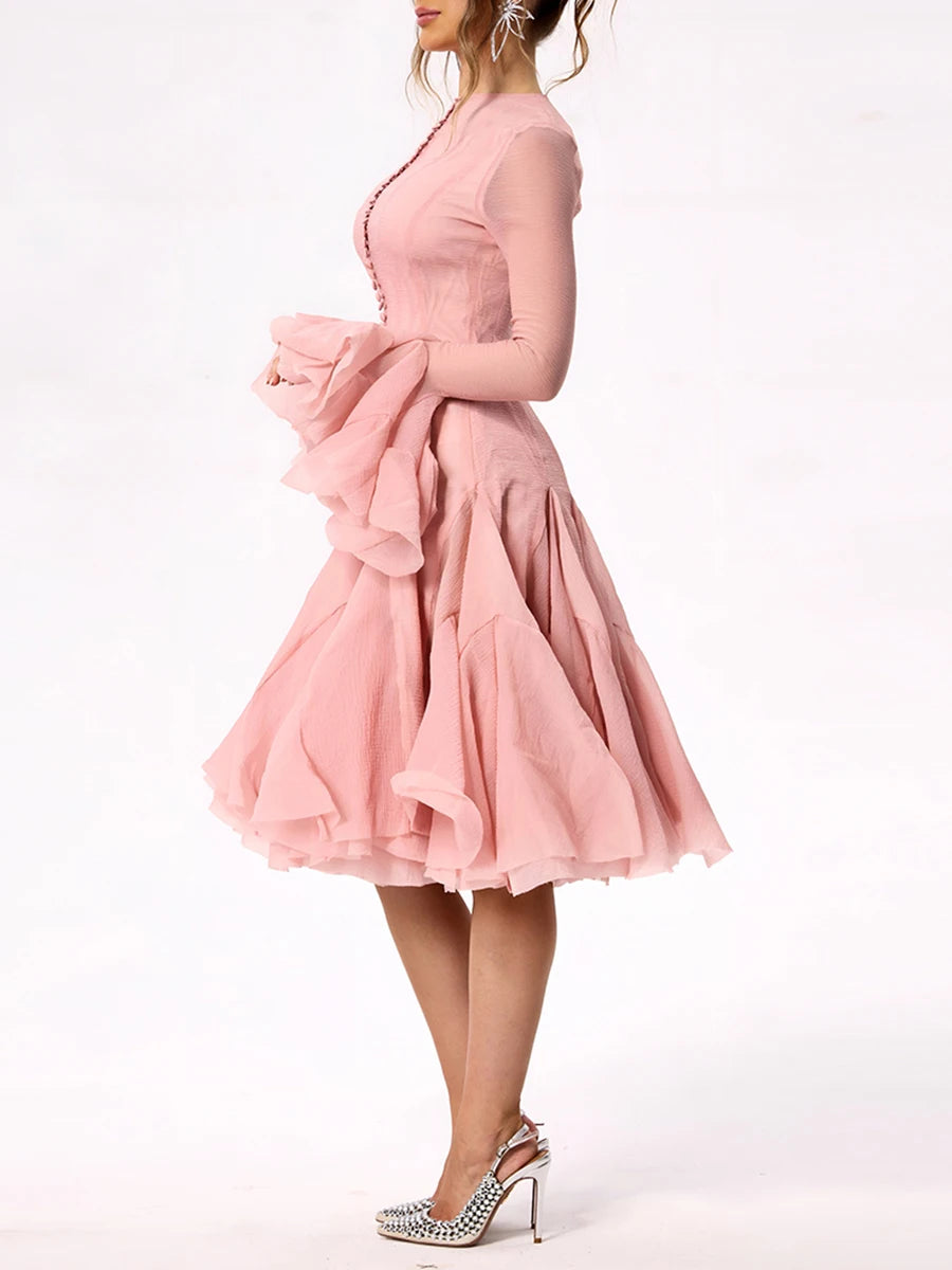 VGH Sweet Ruffles Elegant Knee Length Dresses for Women Round Neck Flare Sleeve High Waist Spliced Button  A Line Dress Female