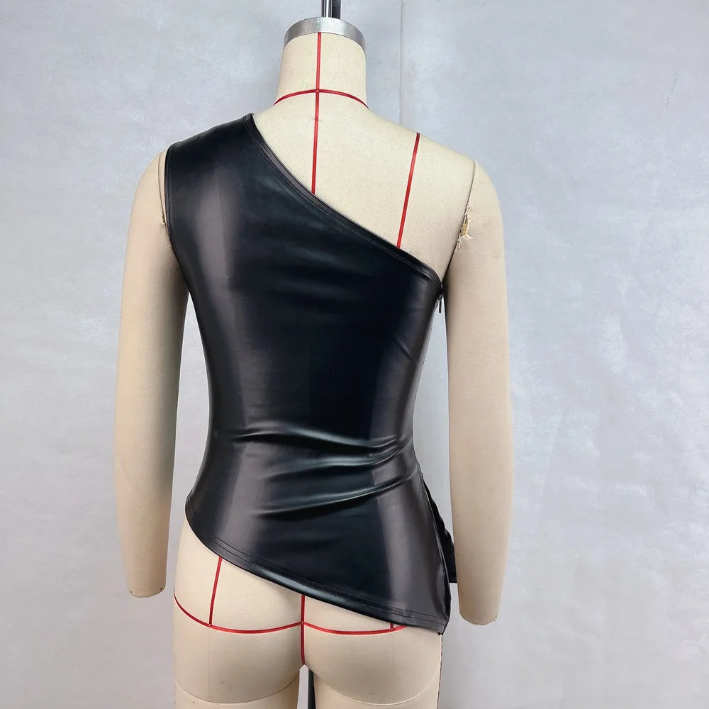 Solid color leather sleeveless irregular single shoulder sloping collar sexy slim zipper T-shirt