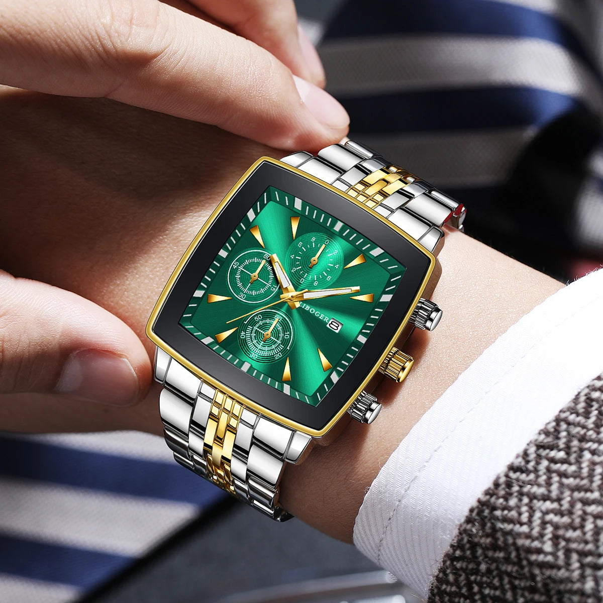 Luxury Stainless Steel Man Calendar Business Watches Fashion Square Dial Men Quartz Wristwatch Reloj Hombre (Without Box)