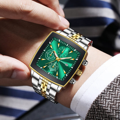 Luxury Stainless Steel Man Calendar Business Watches Fashion Square Dial Men Quartz Wristwatch Reloj Hombre (Without Box)