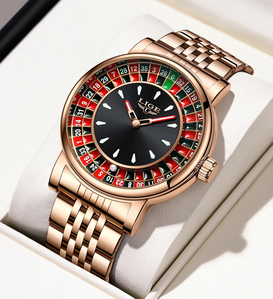 LIGE Quartz Man Watch Fashion Luxury Creative Roulette Game Dial Design Leather Casual Life Waterproof Watches for Men Gifts+Box