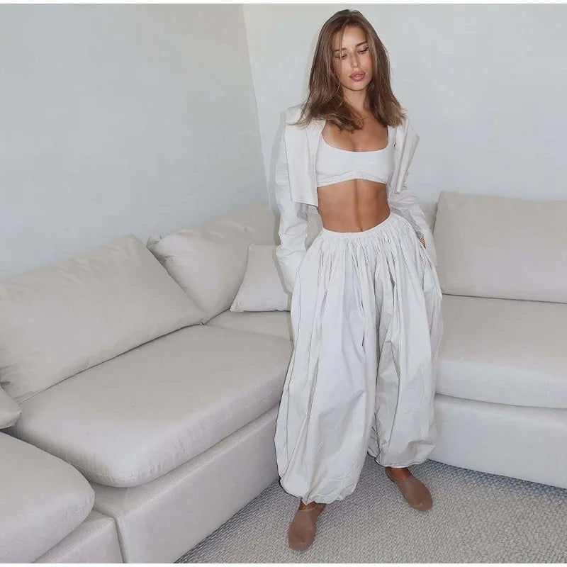 Drop Waist Lantern Pant 3 Pieces Suit Women Stripe Bikini Long Sleeve Lapel Shirt Pants Sets 2026 Female Casual Street Outfit