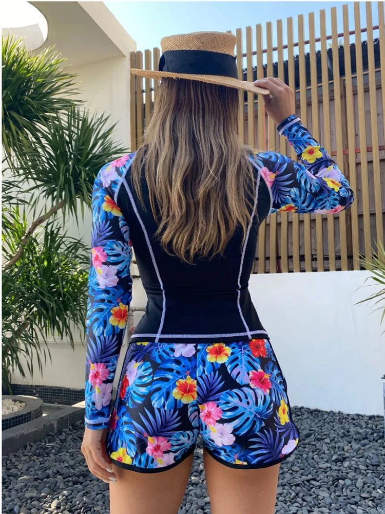 2025 New Tankini Women Swimsuit Tropical Print Bikini Set Long Sleeve Swimwear Summer Shorts Beachwear Female Bathing Suit