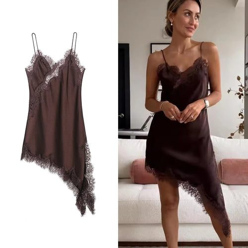 TFMLN Women Sexy Lace Splicing Dresses Summer Solid Sleeveless Asymmetry Dress Backless Slim Women's  Party Sling Mini Dress