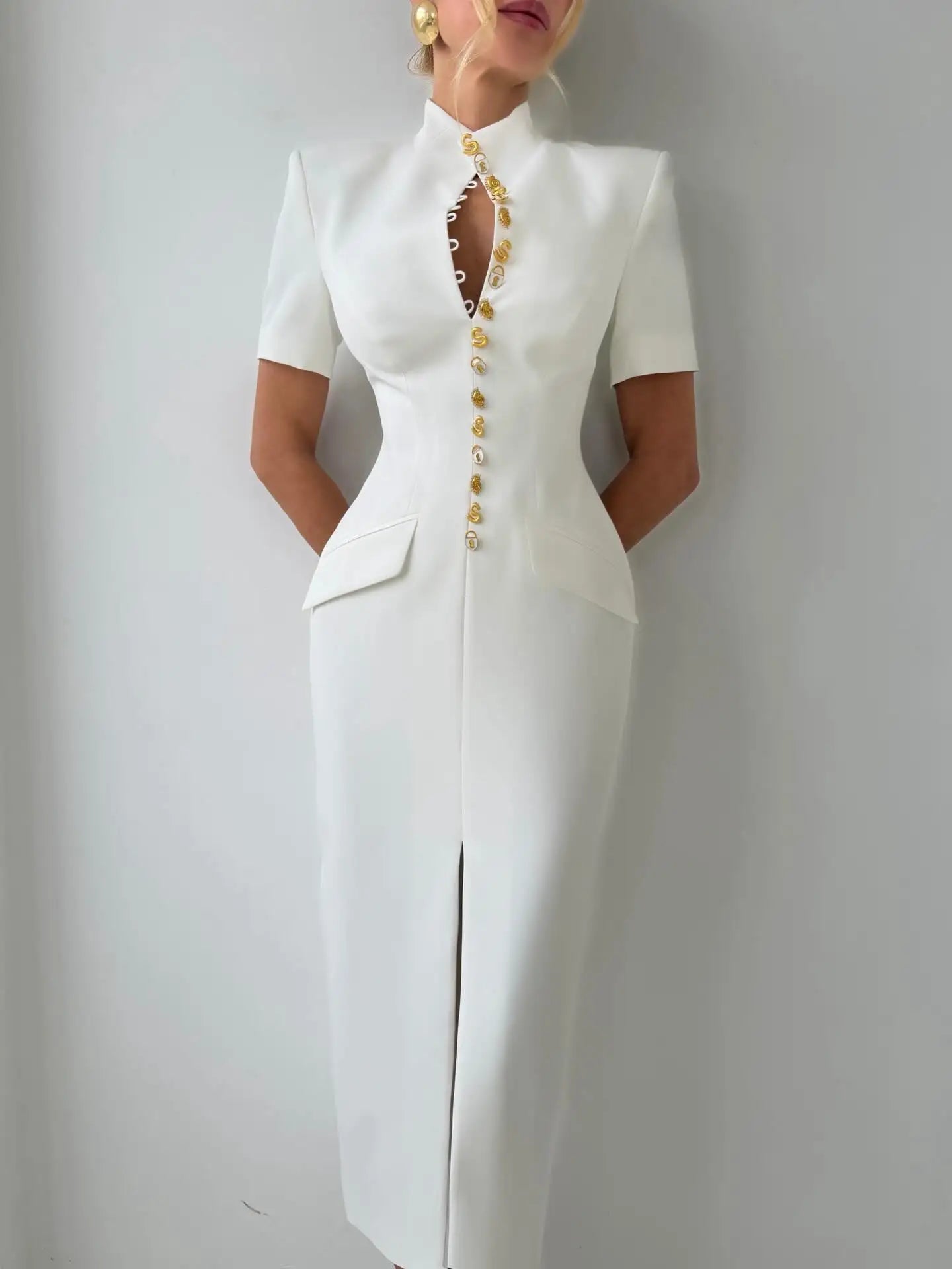 Women's High Neck Bodycon Midi Dress Short Sleeve Gold Button Split Hem Dresses 2026 Female Elegant Formal Evening Party Robe