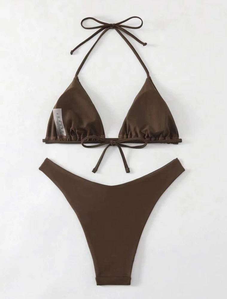 2025 New Bikini Set Women Sexy Simple Solid White/Black/Coffee Halter Bikini Swimsuit Lace Up Brazilian Beach Bathing Suit