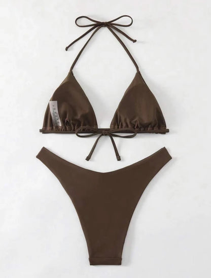2025 New Bikini Set Women Sexy Simple Solid White/Black/Coffee Halter Bikini Swimsuit Lace Up Brazilian Beach Bathing Suit