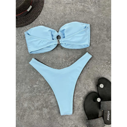 Wrinkled Bandeau High Cut Bikini Women Swimwear Female Swimsuit Two-pieces Bikini set Strapless Bather Bathing Suit Swim V3367