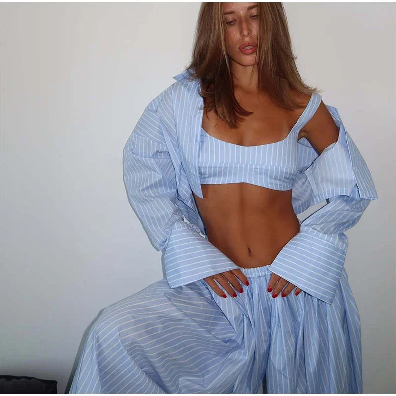 Drop Waist Lantern Pant 3 Pieces Suit Women Stripe Bikini Long Sleeve Lapel Shirt Pants Sets 2026 Female Casual Street Outfit